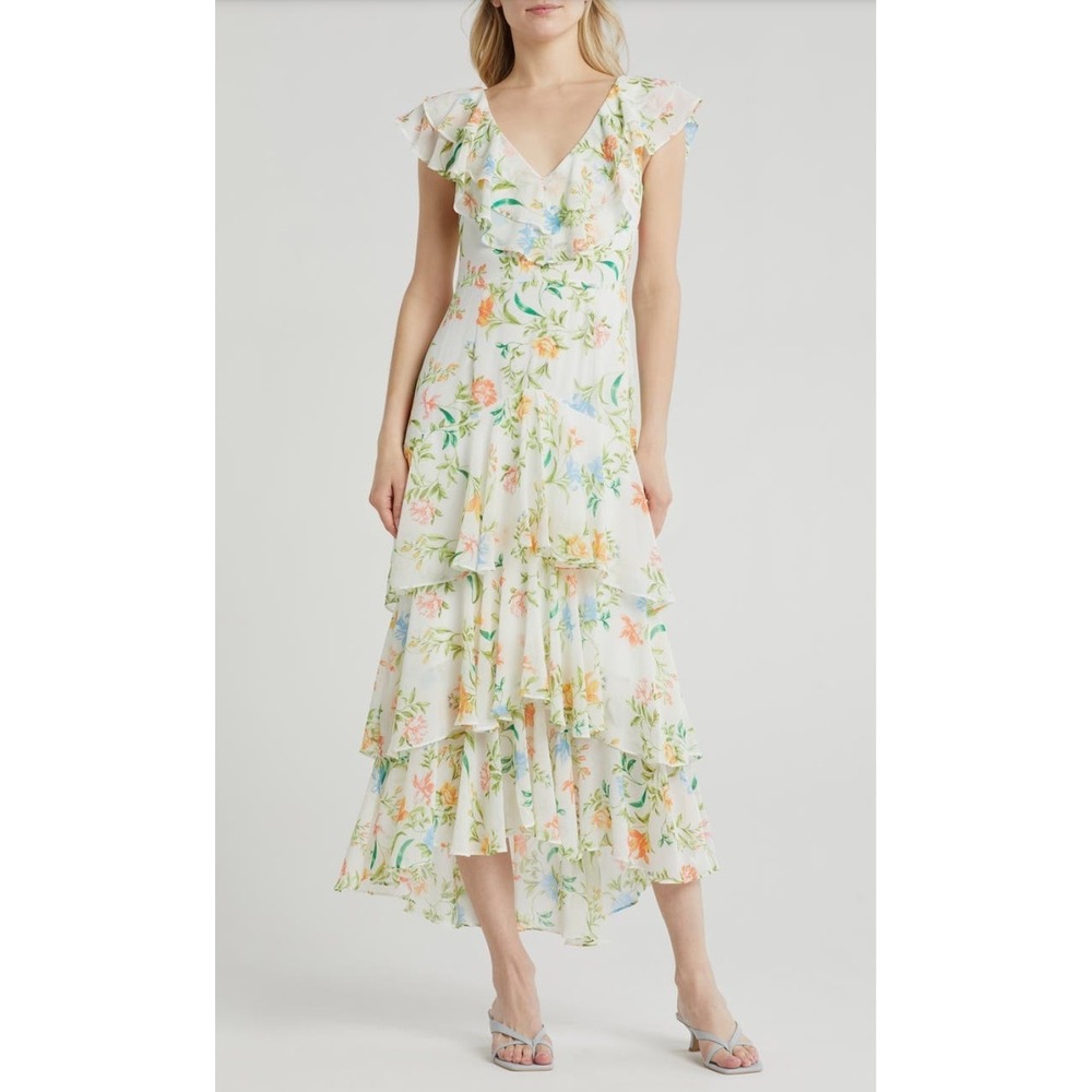 New $158 Small WAYF Chelsea Tiered Ruffle Floral Maxi Dress White S Womens NWT